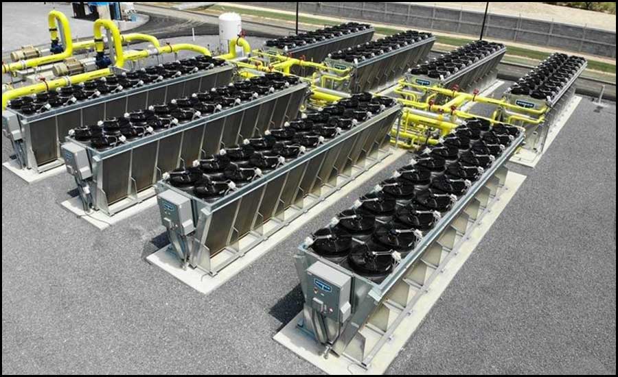 A large installation of dry coolers serving a power generation process.